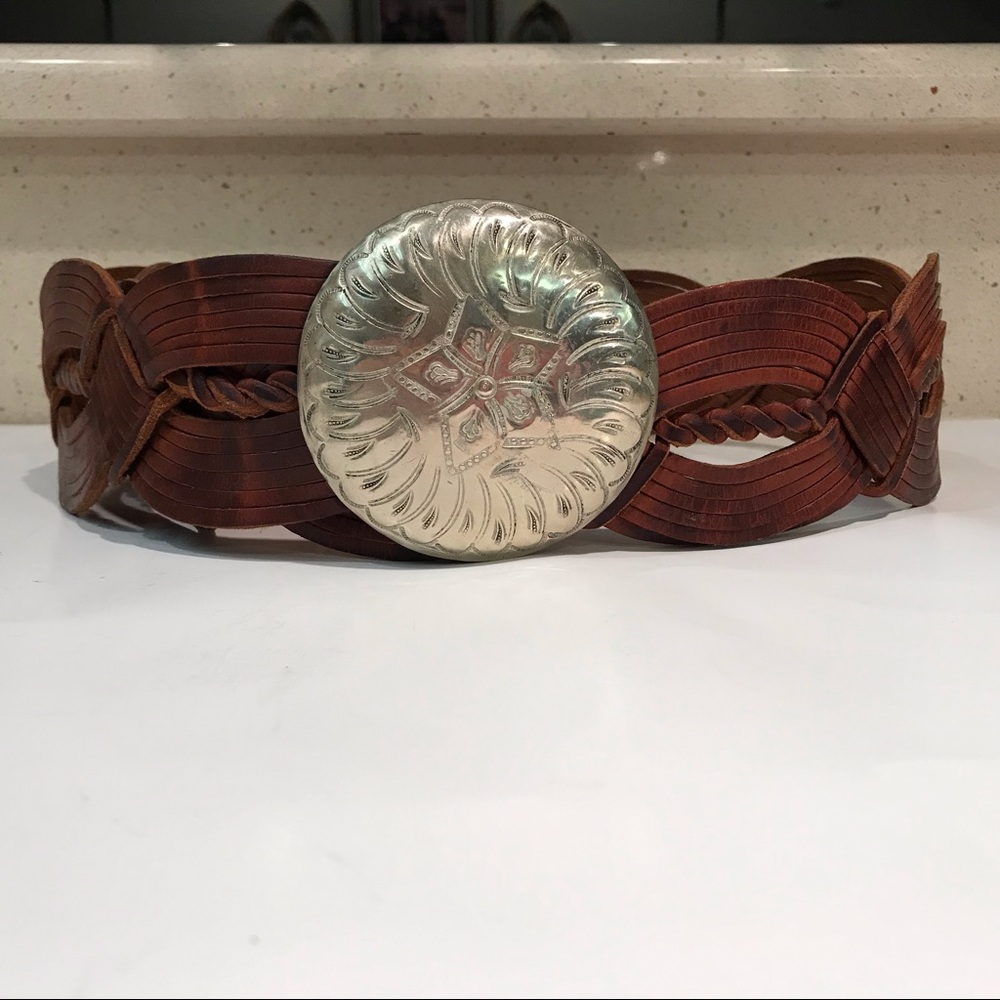 Braided Brown Leather Belt with Silver Concho
